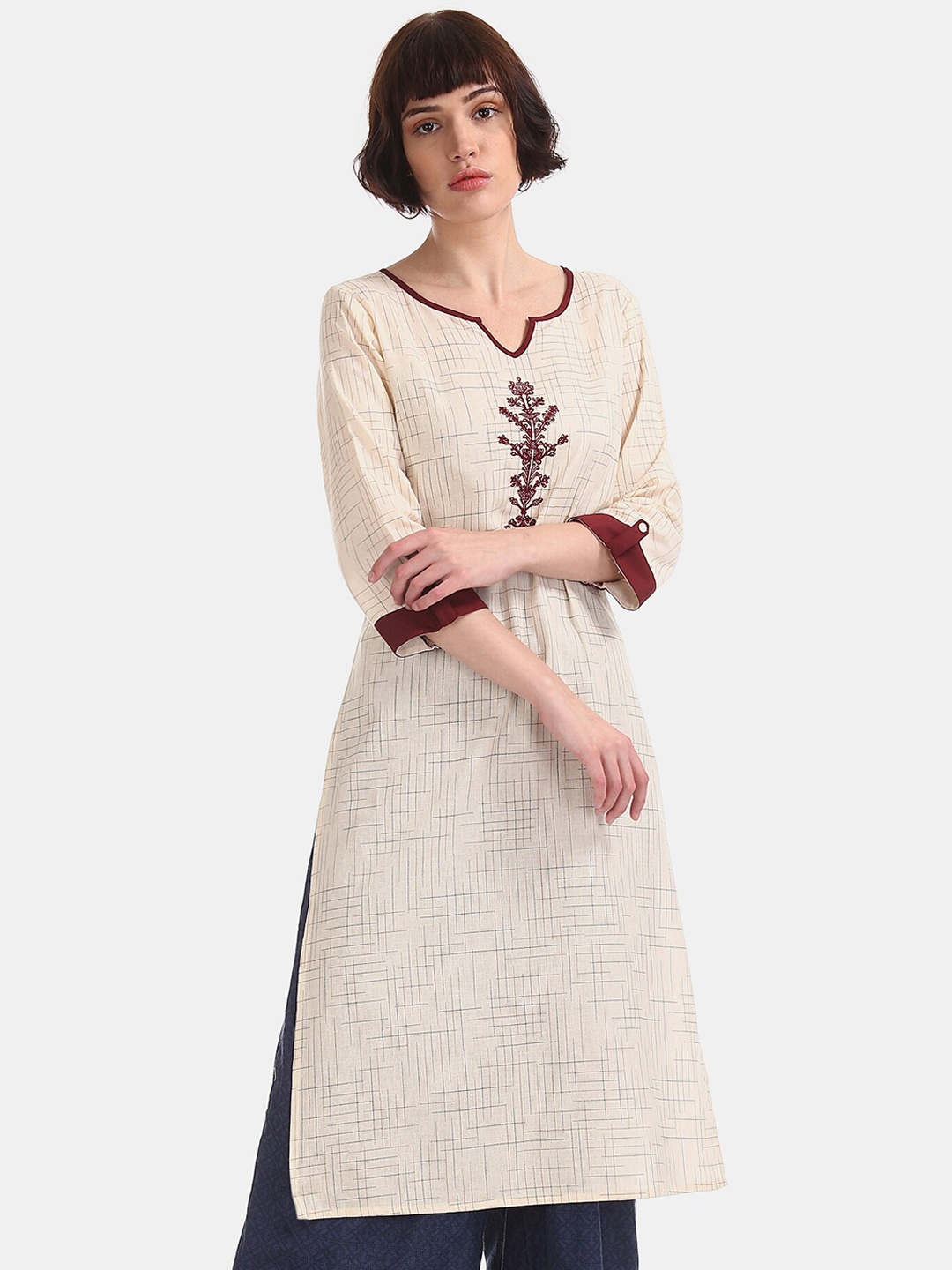 

Karigari Women White Checked Thread Work Kurta