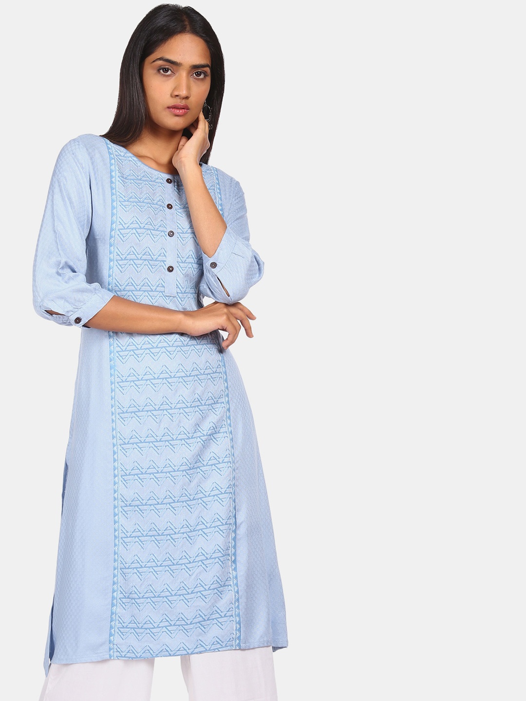 

Karigari Women Blue Chevron Printed Kurta