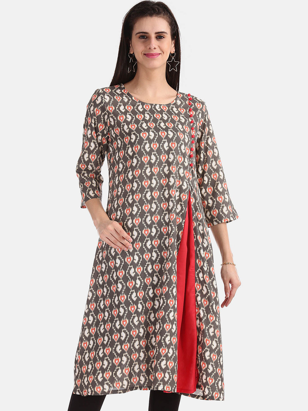 

Karigari Women Grey & Red Printed Kurta