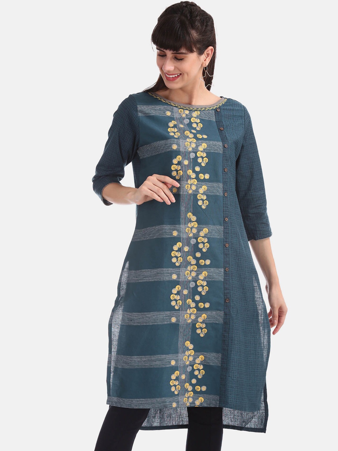 

Karigari Women Blue Floral Printed Kurta