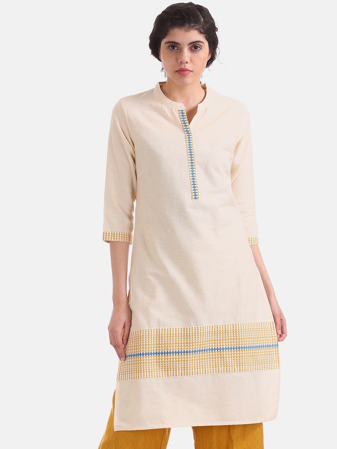 

Karigari Women Beige & Mustard Yellow Thread Work Kurta