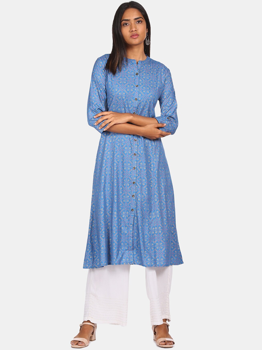 

Karigari Women Blue Striped Flared Sleeves Thread Work Kurta