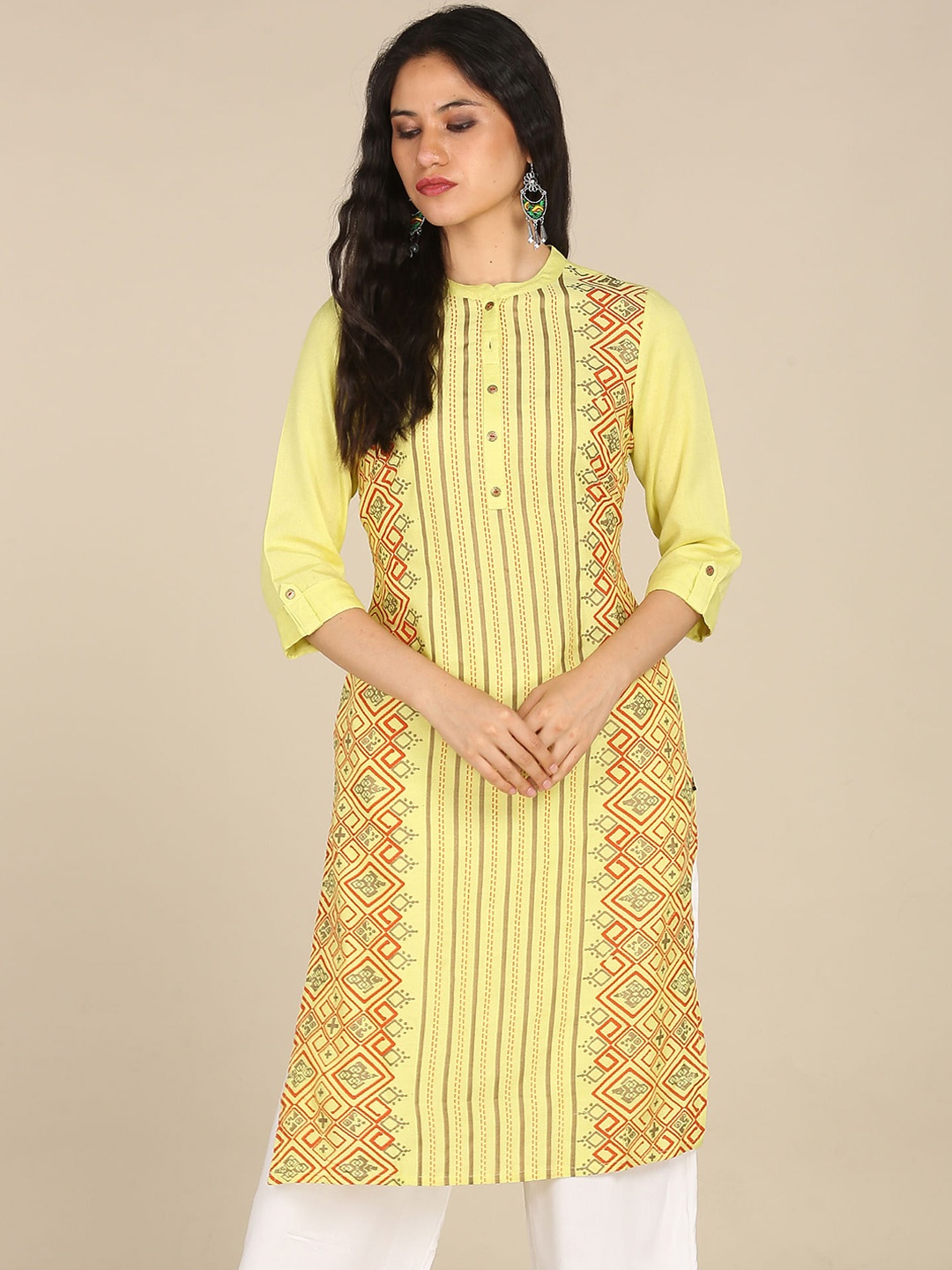 

Karigari Women Yellow Geometric Striped Pathani Kurta