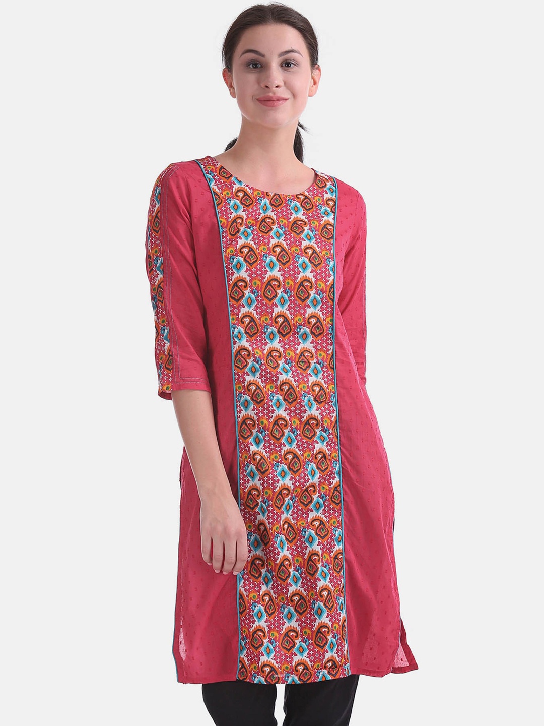 

Karigari Women Pink & Blue Ethnic Motifs Printed Kurta