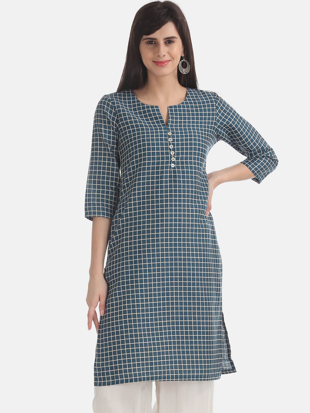 

Karigari Women Blue Checked Kurta