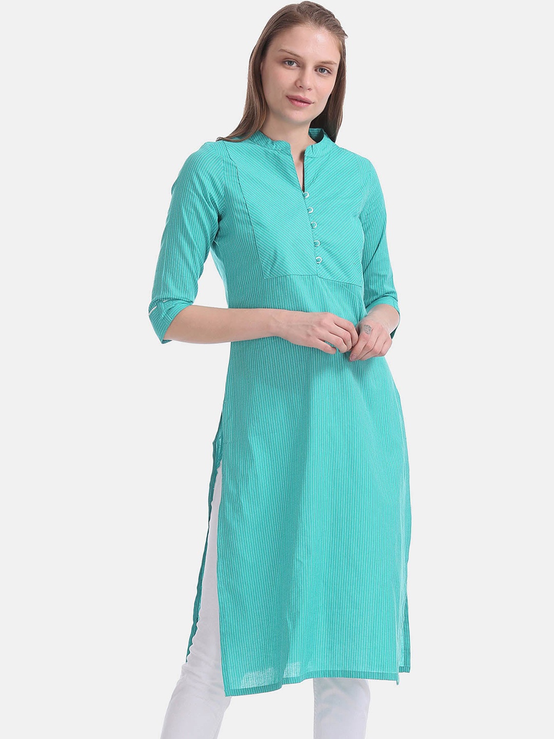 

Karigari Women Green Striped Straight Cotton Kurta