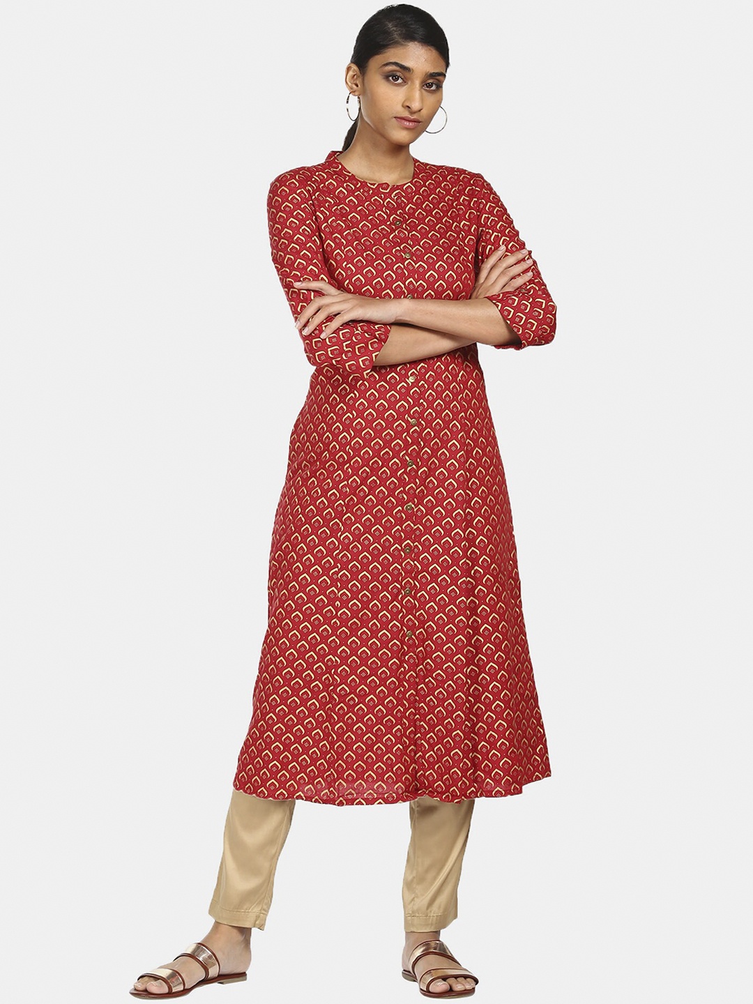 

Karigari Women Red Ethnic Motifs Checked Anarkali Kurta