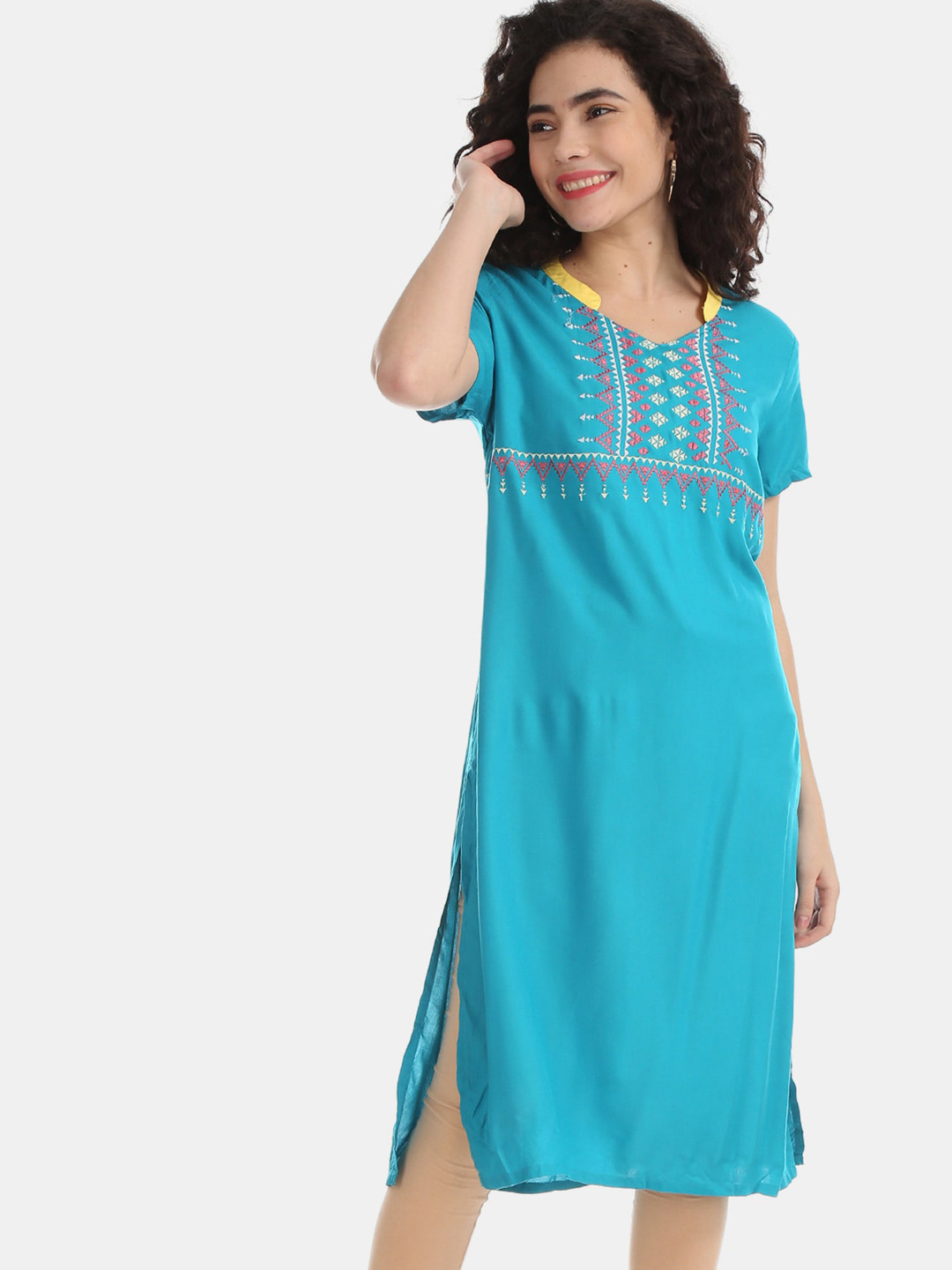 

Karigari Women Blue Geometric Yoke Design Kurta