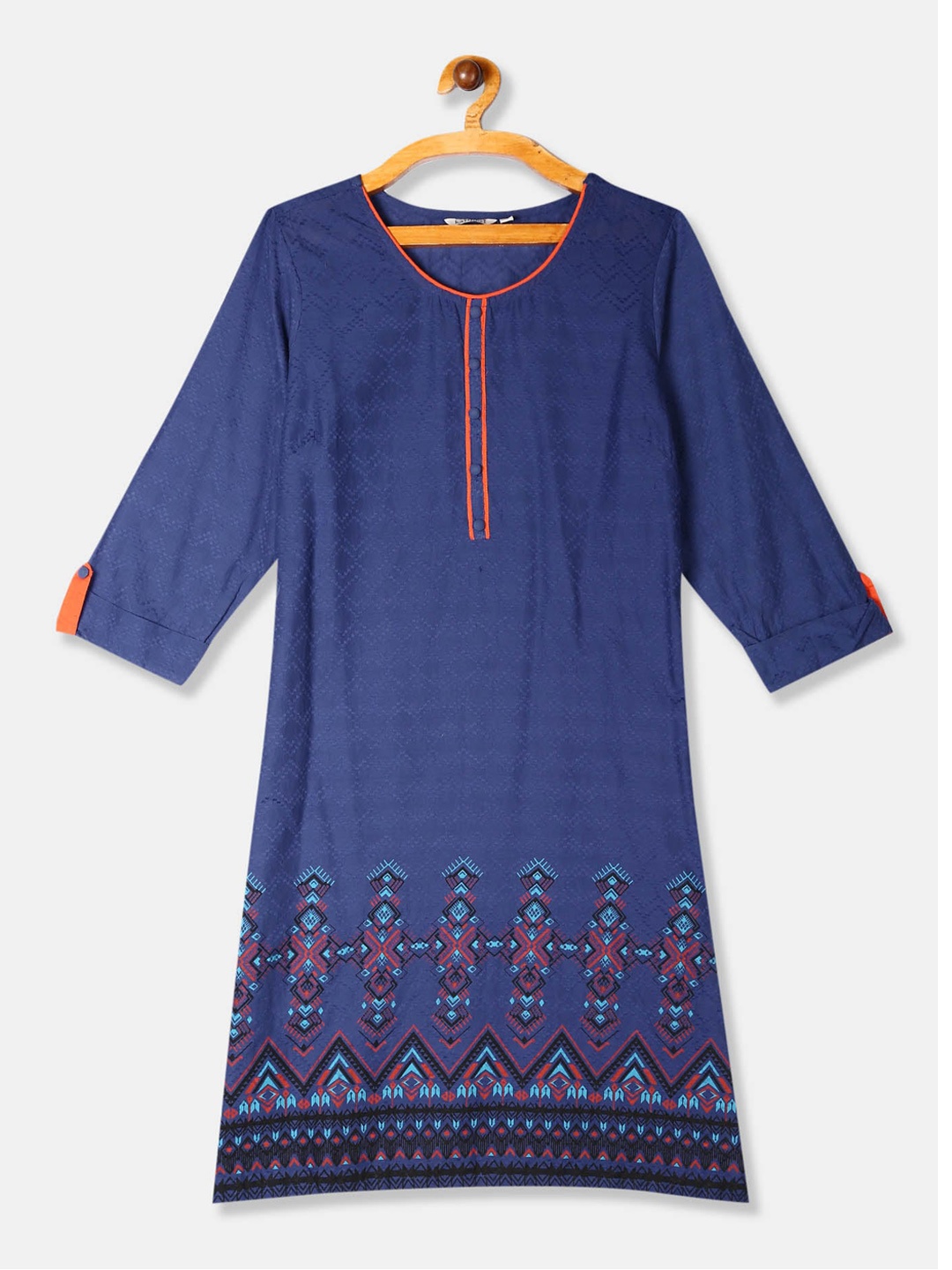 

Karigari Women Blue & Orange Ethnic Motifs Kurta