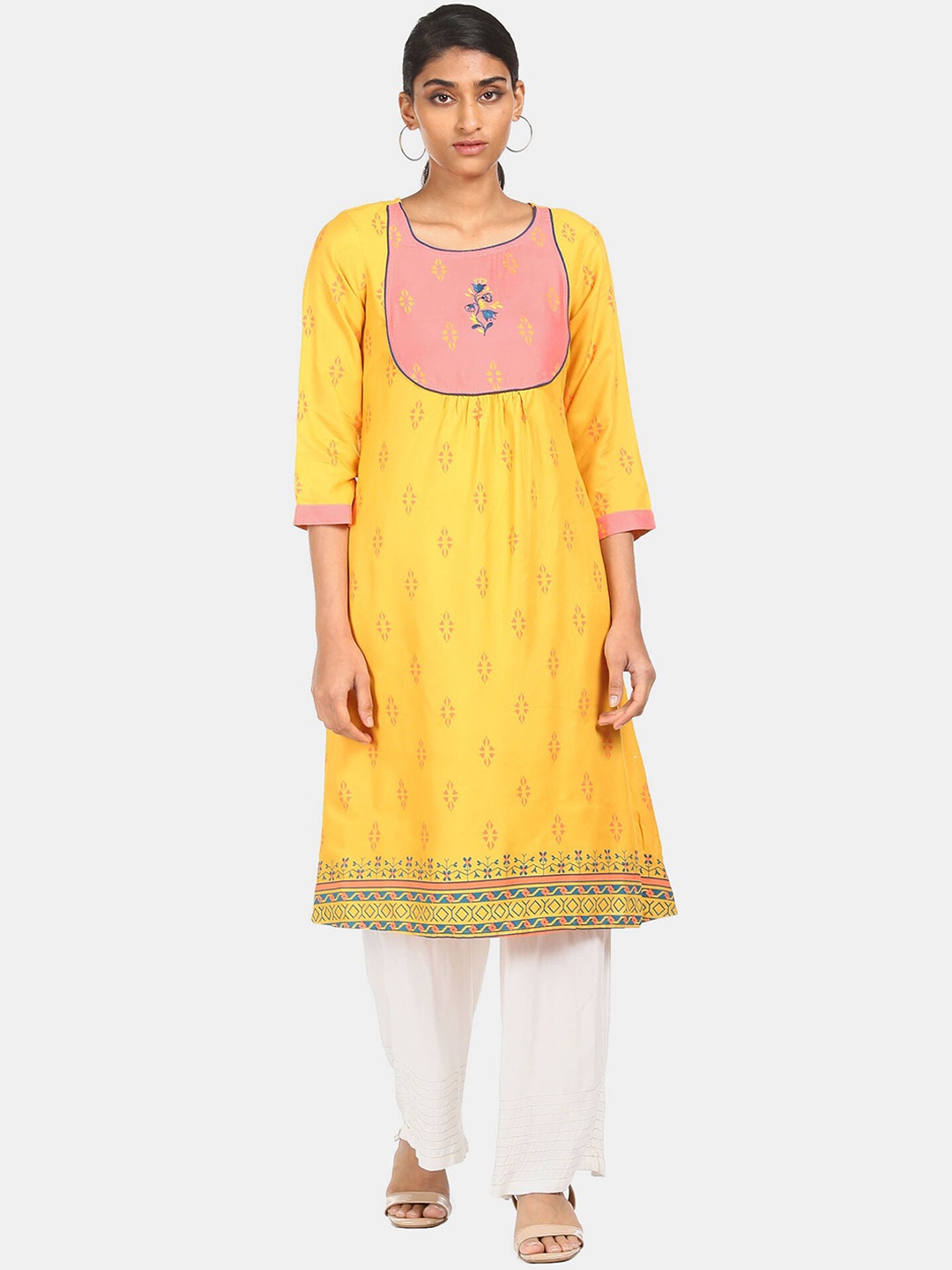 

Karigari Women Yellow & Pink Ethnic Motifs Printed Kurta