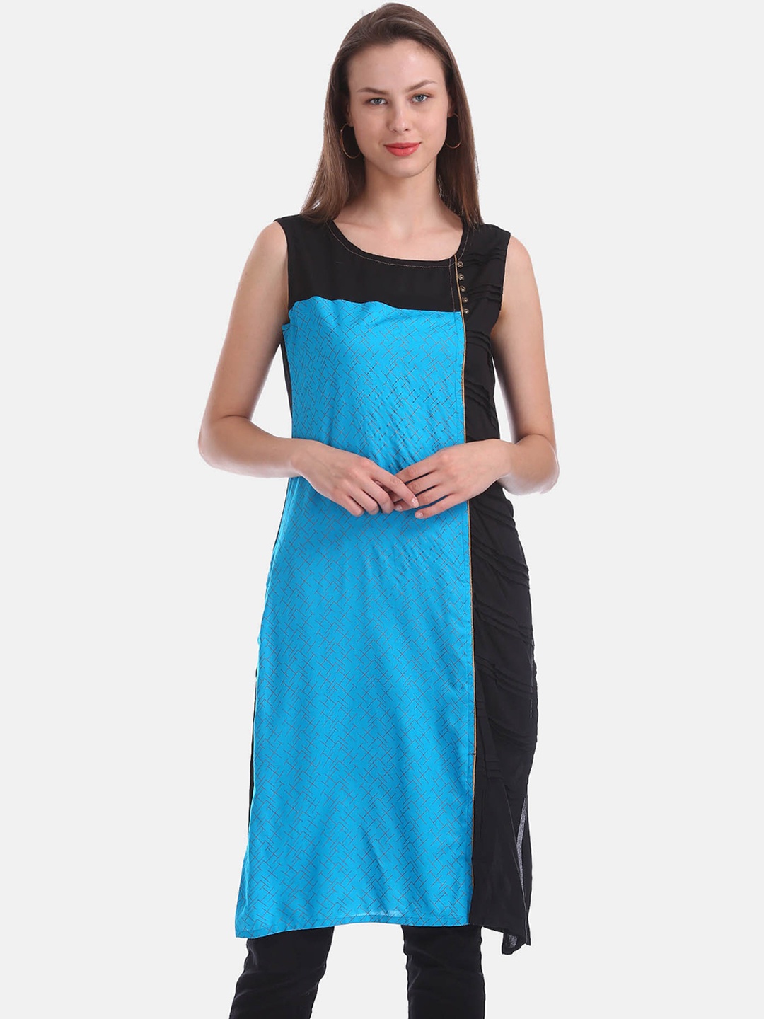 

Karigari Women Blue & Black Colourblocked Kurta