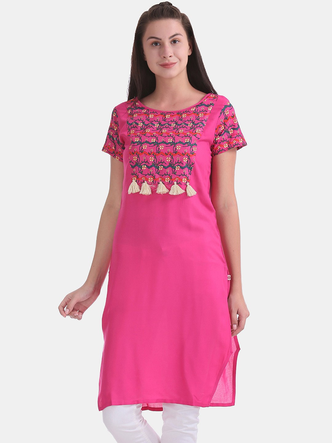 

Karigari Women Pink Yoke Design Mirror Work Kurta