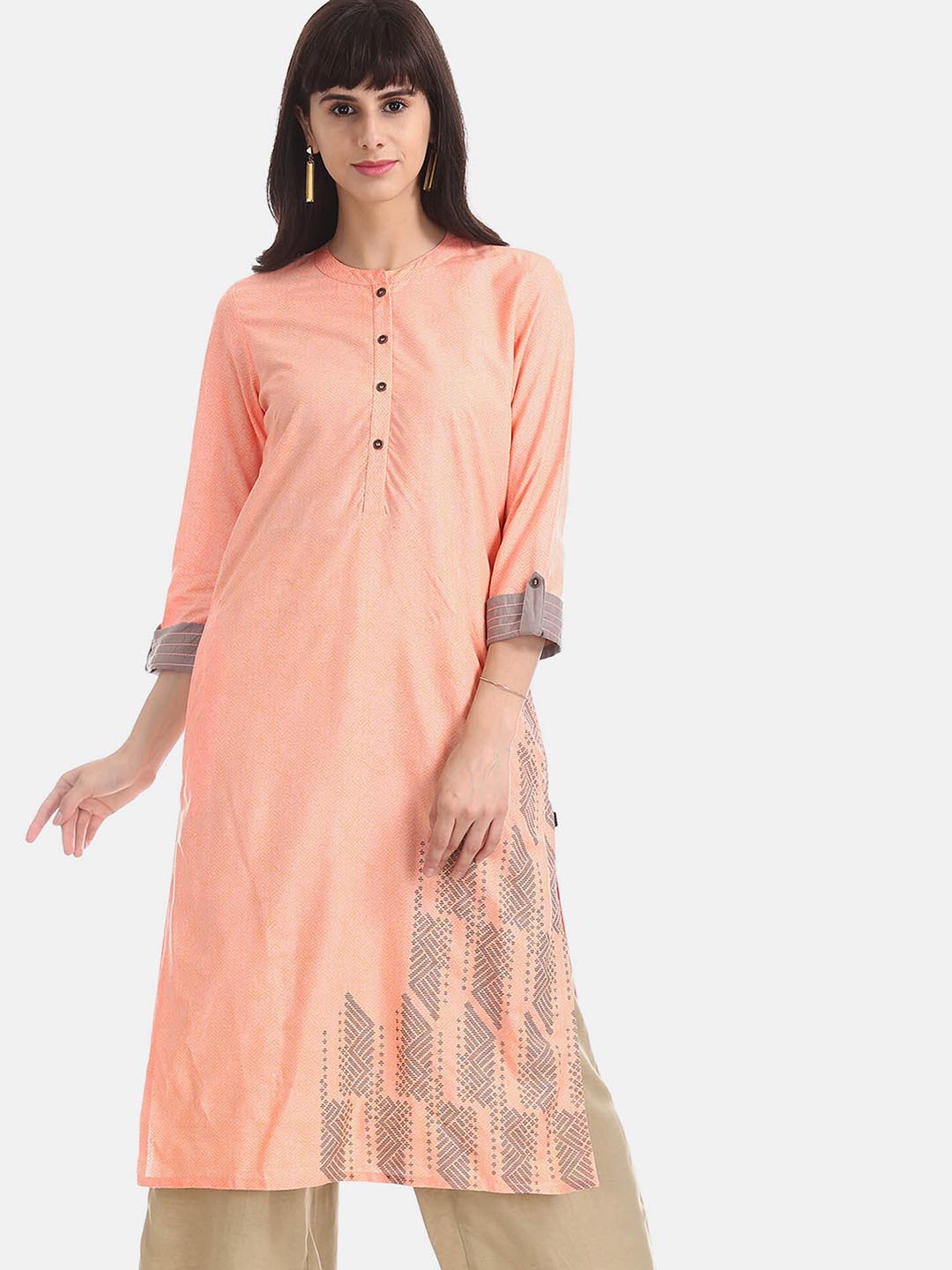 

Karigari Women Orange Mandarin Neck Printed Kurta