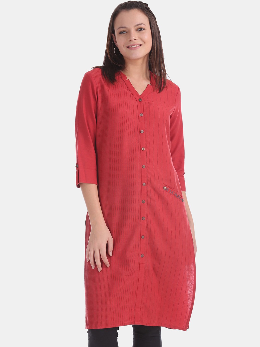

Karigari Women Red Striped Kurta