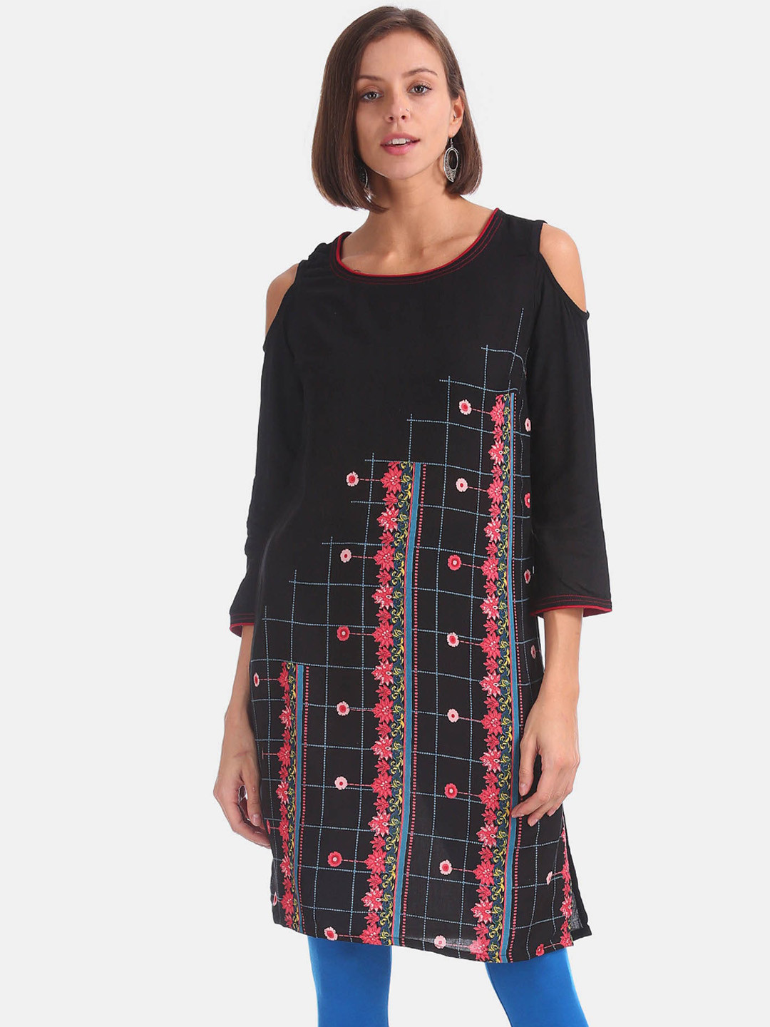 

Karigari Women Black & Pink Ethnic Motifs Printed Cold-Shoulder Sleeves Mirror Work Kurta