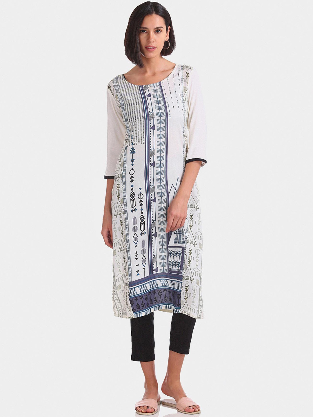 

Karigari Women White Printed Front Round Neck Kurta