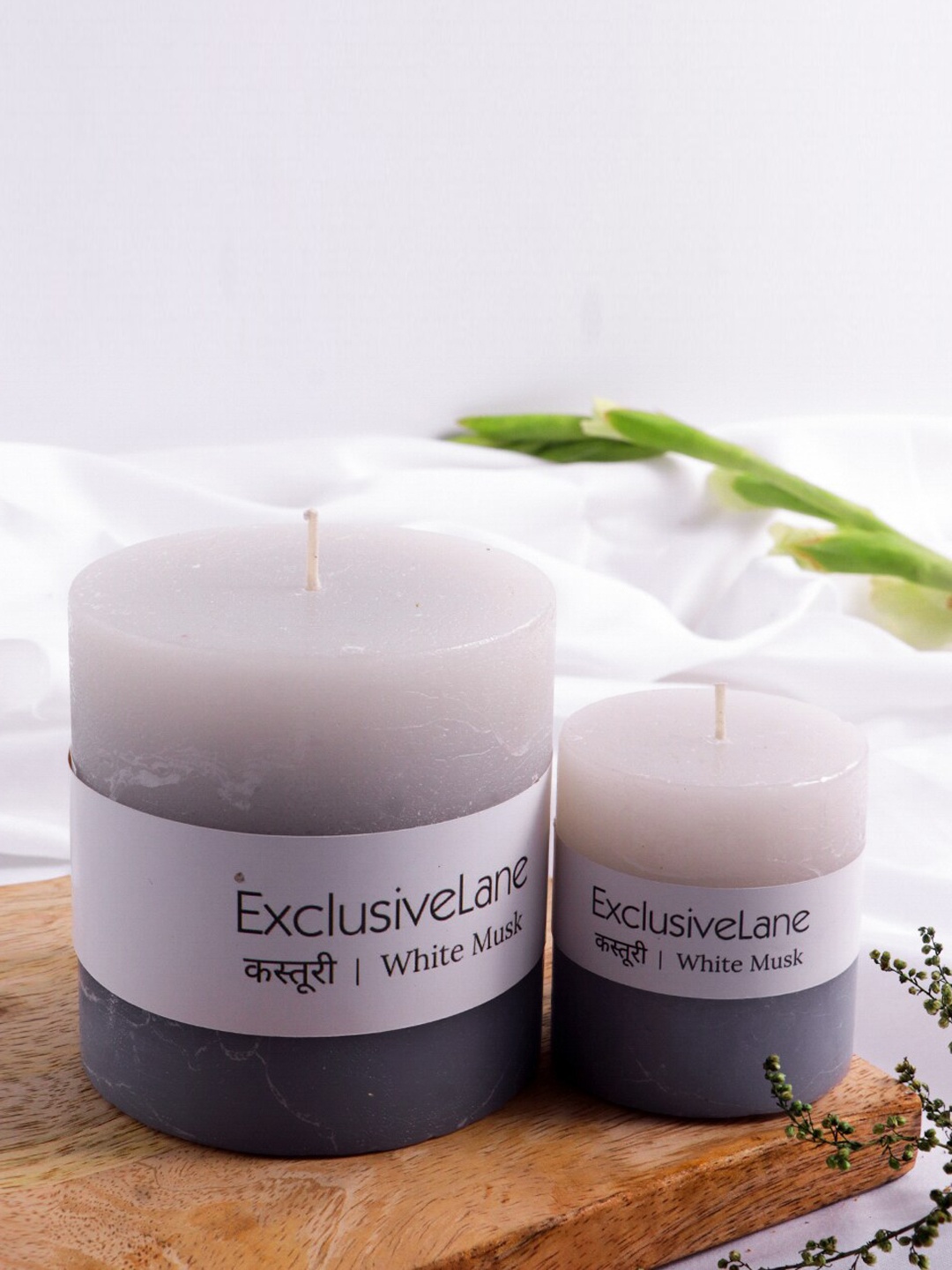 

ExclusiveLane Set Of 2 Grey White Musk Scented Pillar Candles (8-30 Hour Burn Time)