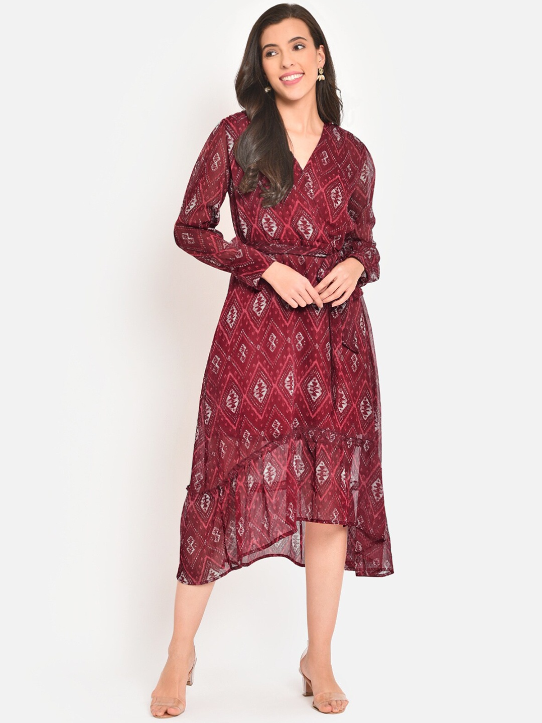 

Martini Red Ethnic Motifs Printed Georgette Midi Dress