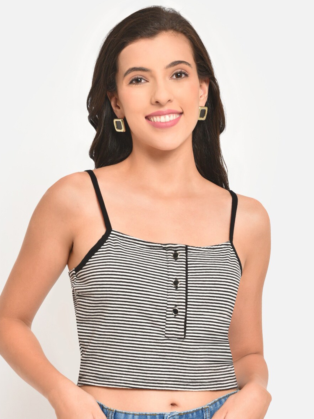 

Martini Black & Grey Striped Regular Crop Cami Top