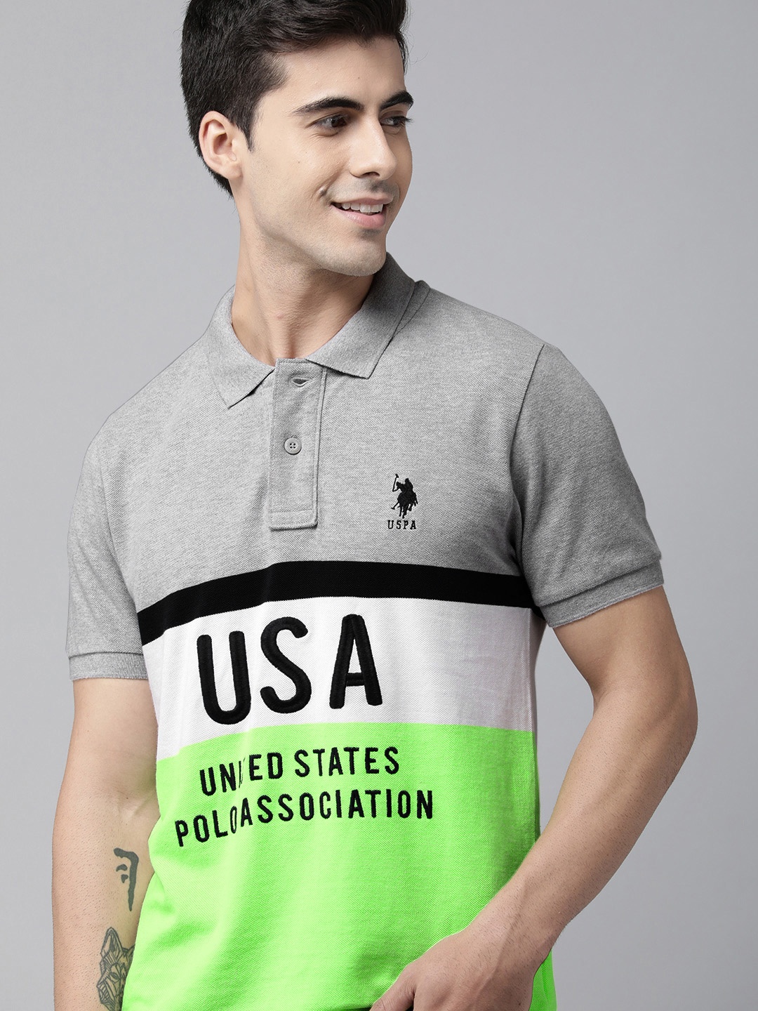 

U.S. Polo Assn. Men Grey Melange & Green Colourblocked Polo Collar T-shirt