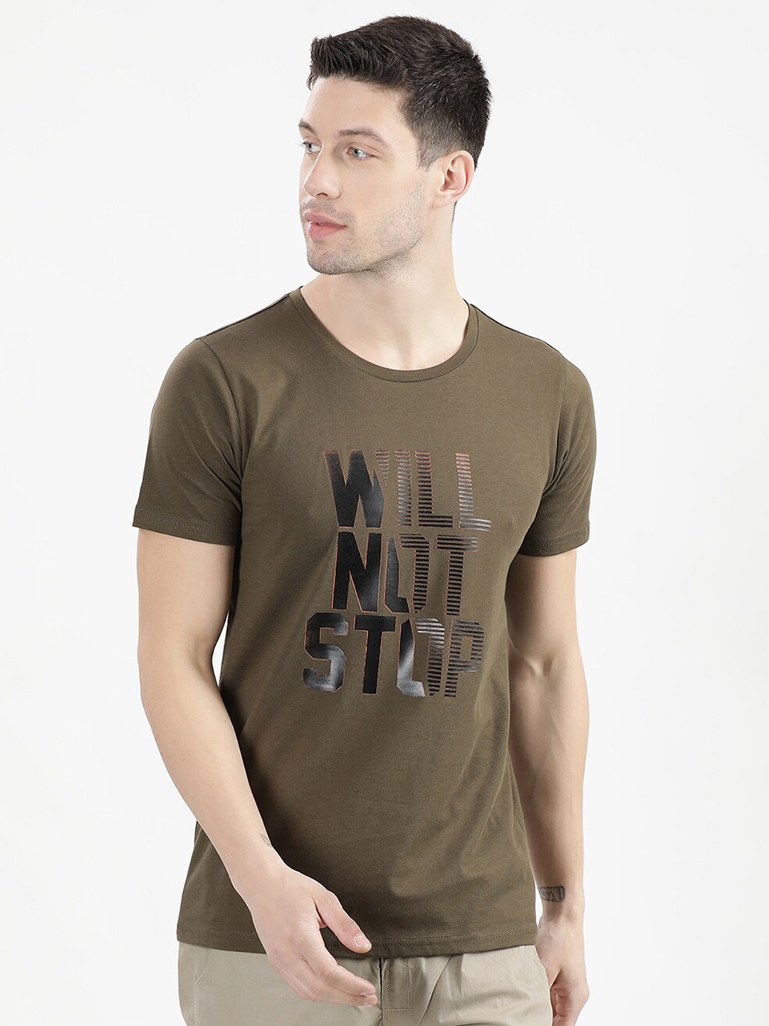 

V2 Value & Variety Men Olive Green & Black Typography Printed Pockets T-shirt