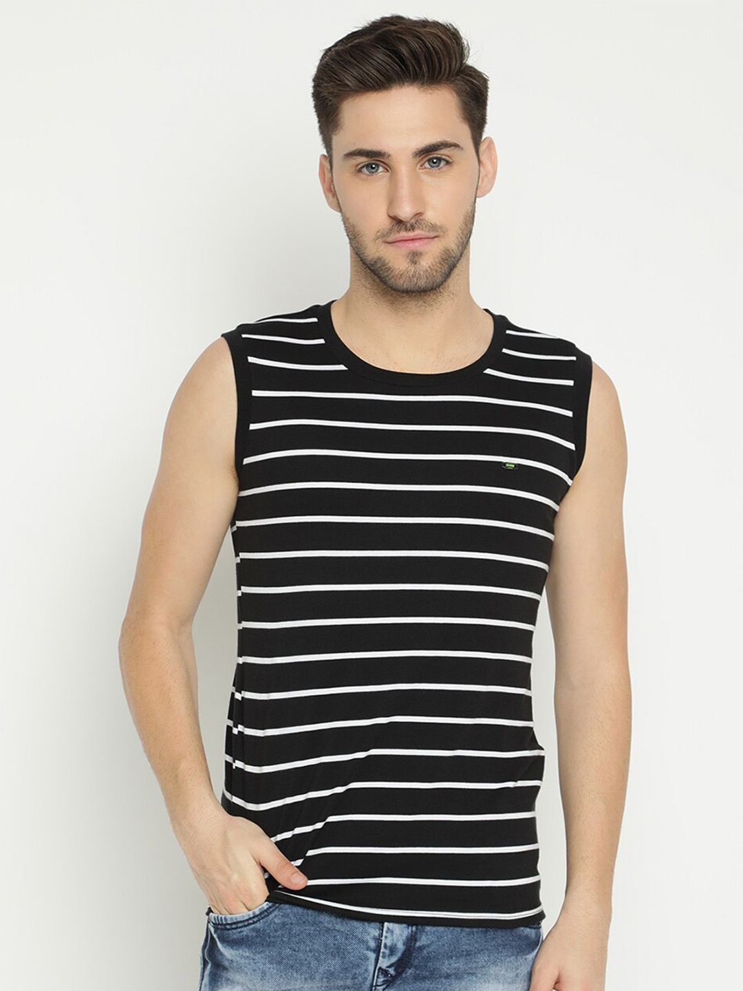 

V2 Value & Variety Men Black & White Striped T-shirt