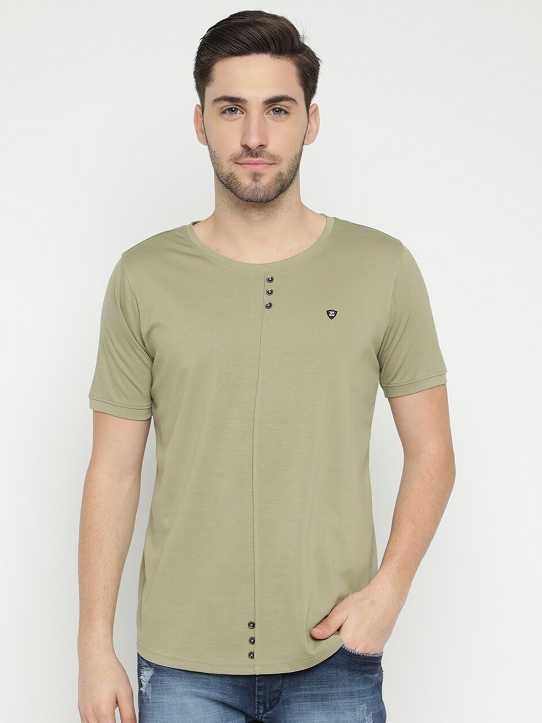 

V2 Value & Variety Men Olive Green Henley Neck Pockets T-shirt