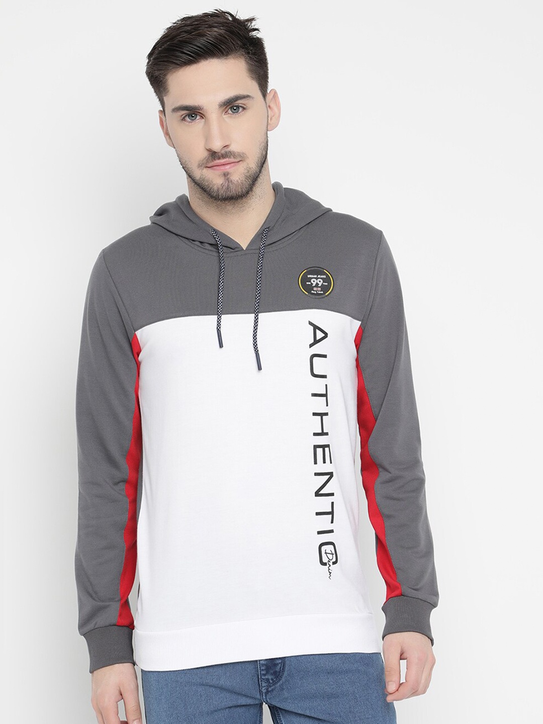 

V2 Value & Variety Men Grey & White Colourblocked Hooded T-shirt