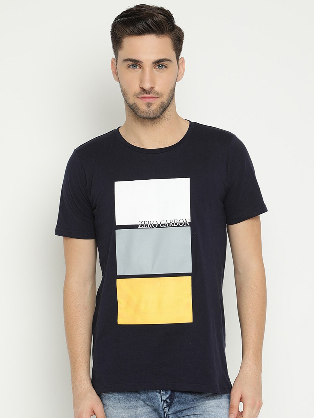

V2 Value & Variety Men Navy Blue Colourblocked Cotton T-shirt