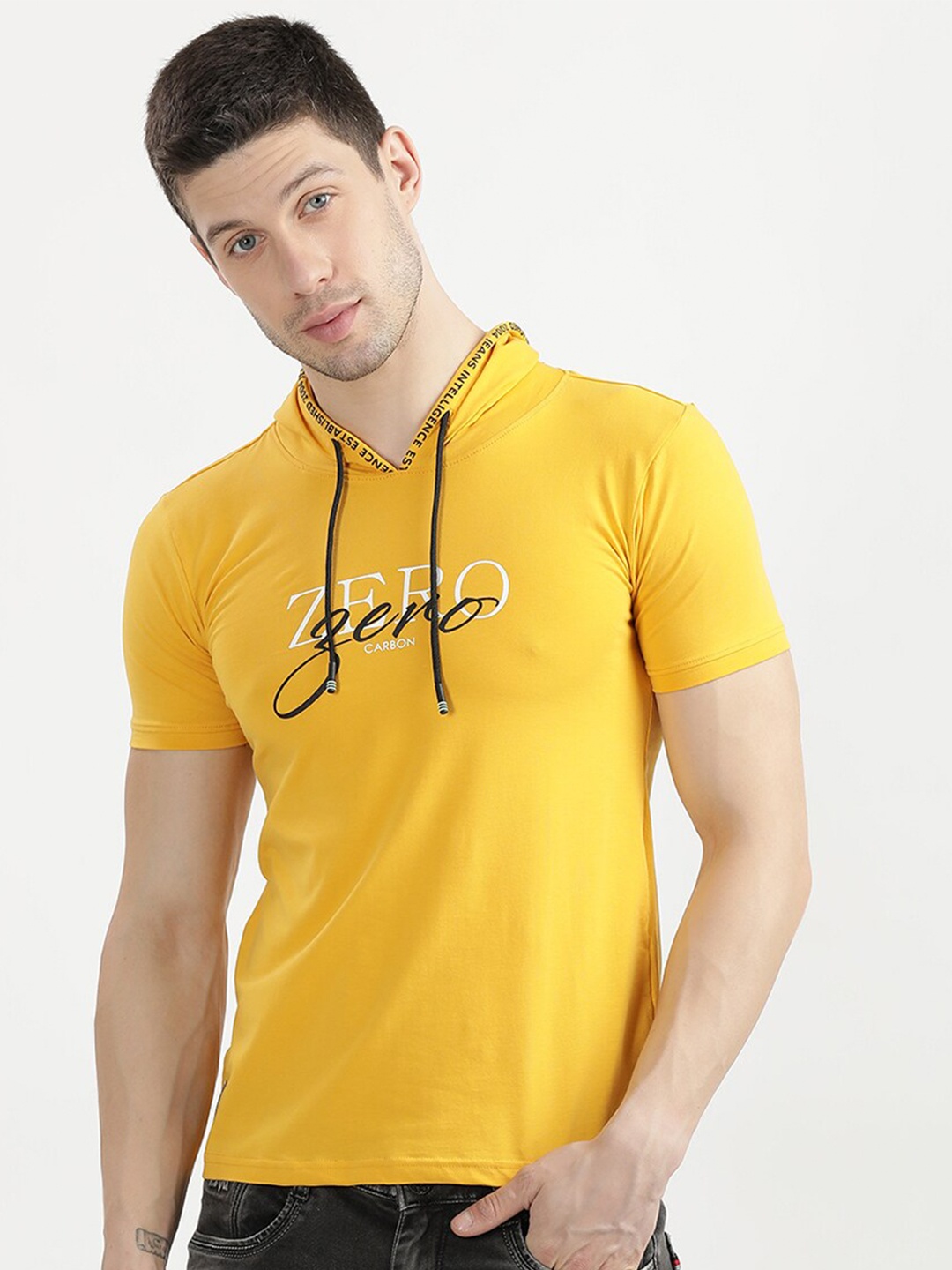 

V2 Value & Variety Men Mustard Yellow Cotton Hooded T-shirt