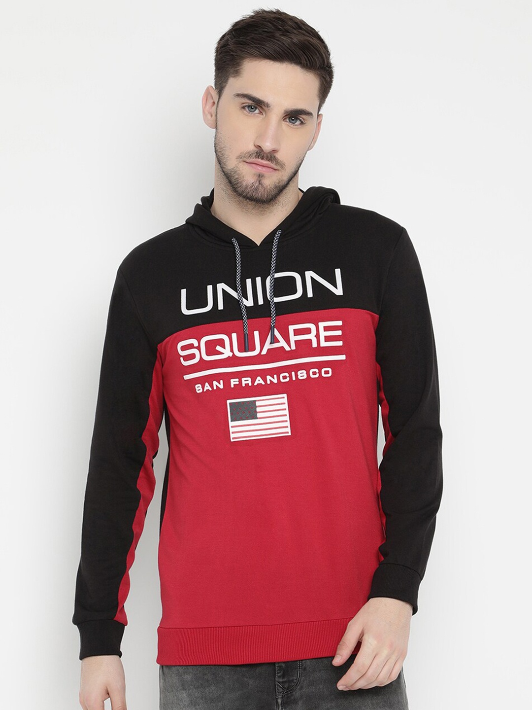 

V2 Value & Variety Men Black & Red Colourblocked Hooded T-shirt