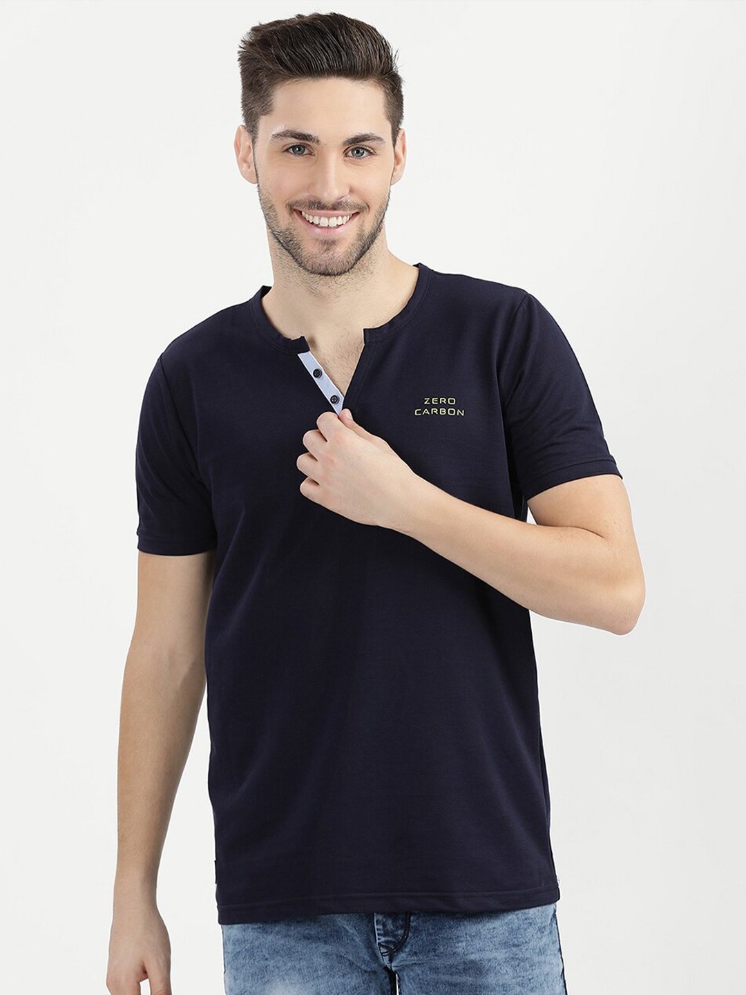 

V2 Value & Variety Men Navy Blue Henley Neck Cotton T-shirt