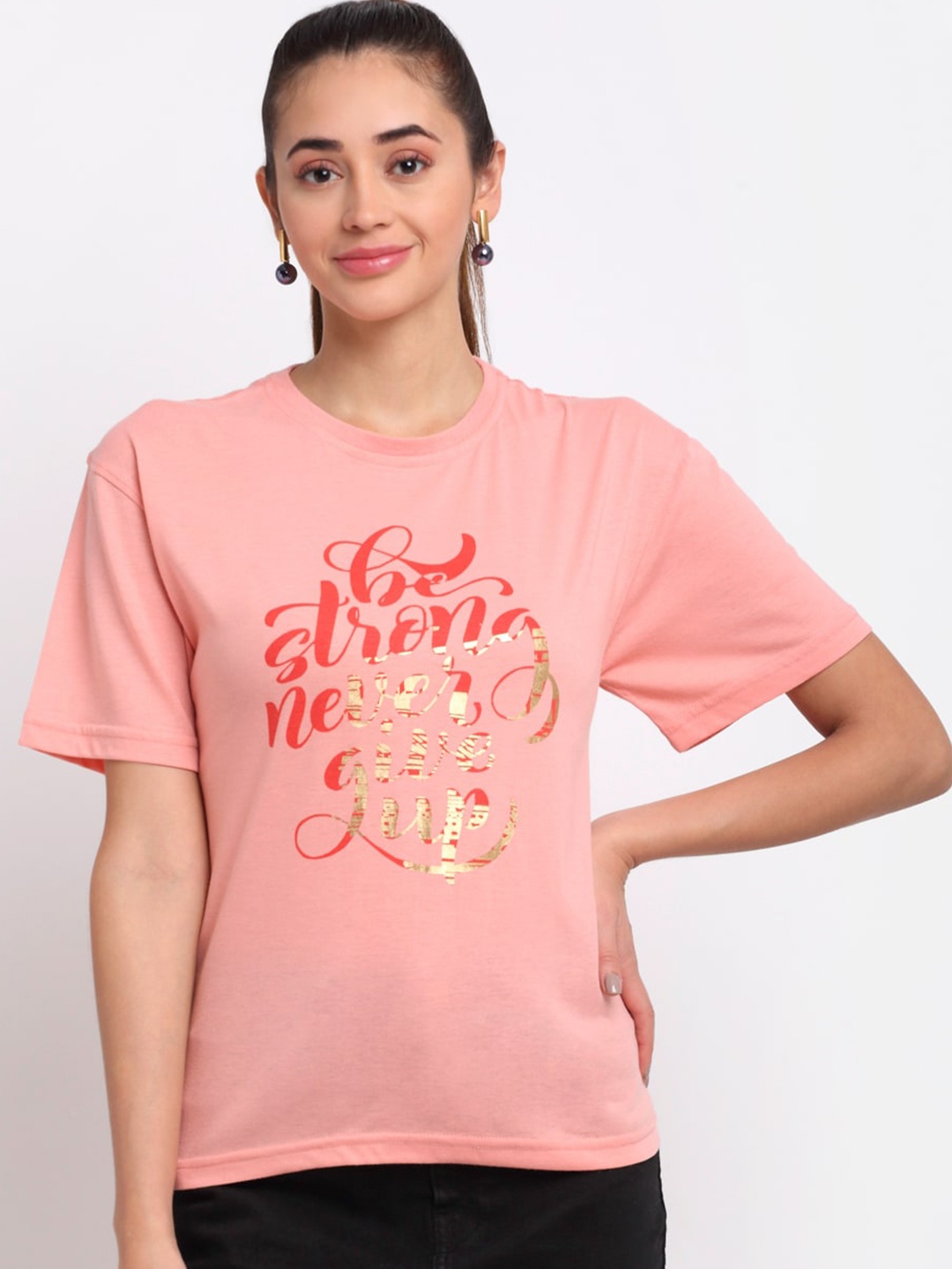 

Club York Women Coral Typography Printed T-shirt