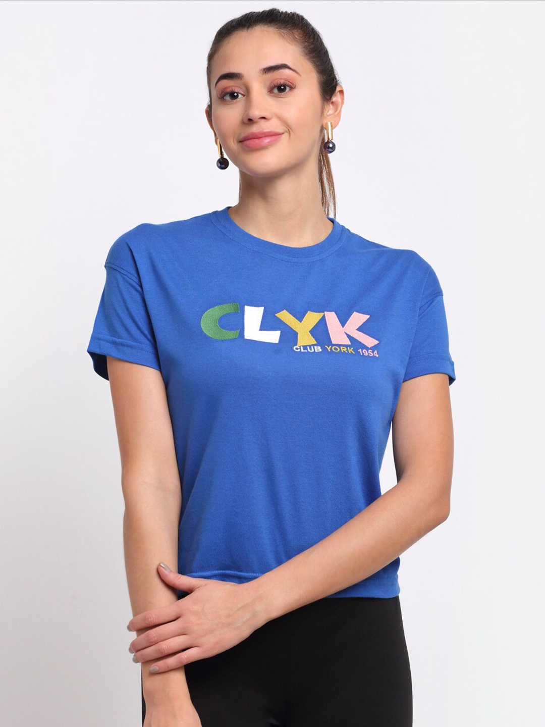 Club York Women Blue Typography Printed Applique T-shirt