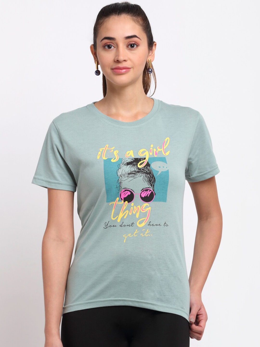 

Club York Women Sea Green Printed T-shirt