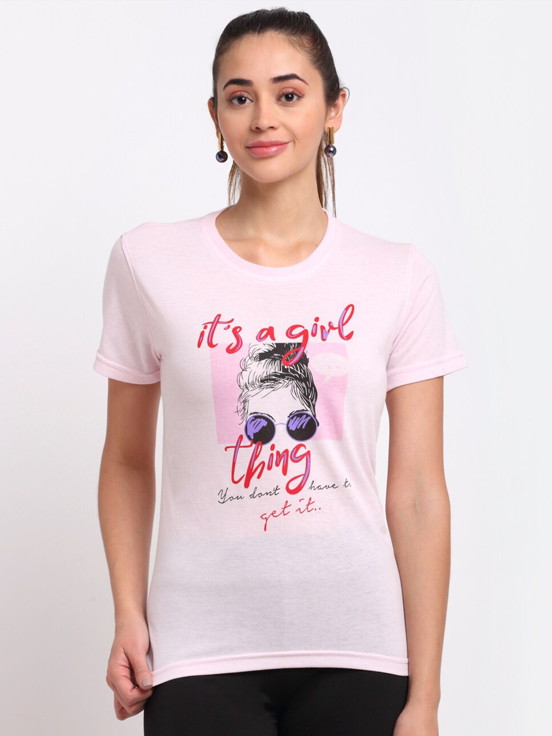 

Club York Women Pink & Black Typography Printed T-shirt