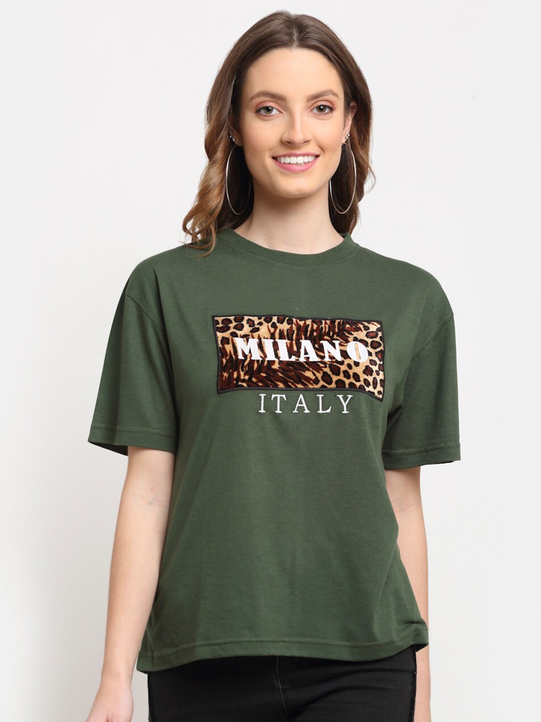 

Club York Women Olive Green Typography Printed T-shirt
