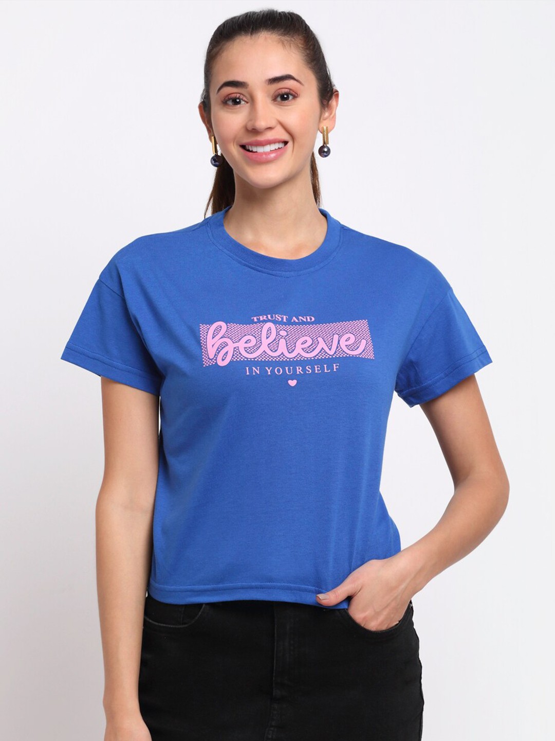 

Club York Women Blue Typography Printed Applique T-shirt
