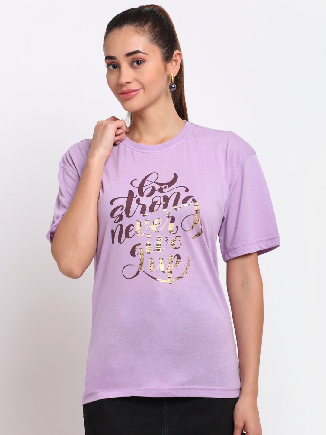 Club York Women Lavender & Gold-Toned Typography Printed T-shirt