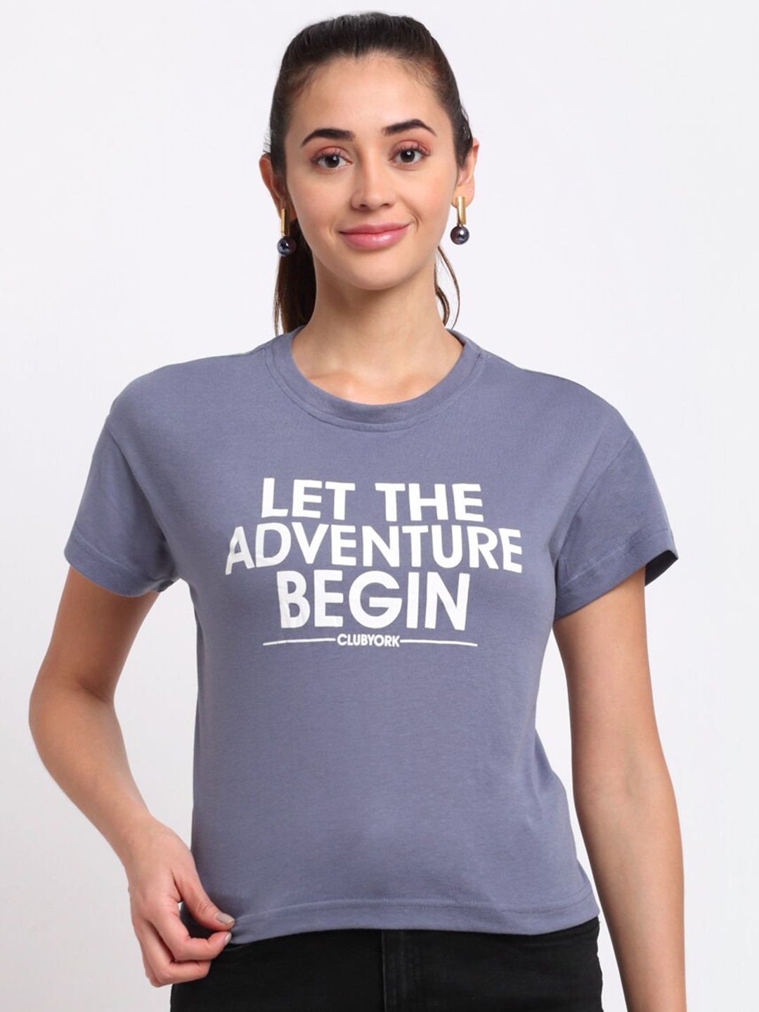 

Club York Women Blue Typography Printed Drop-Shoulder Sleeves T-shirt