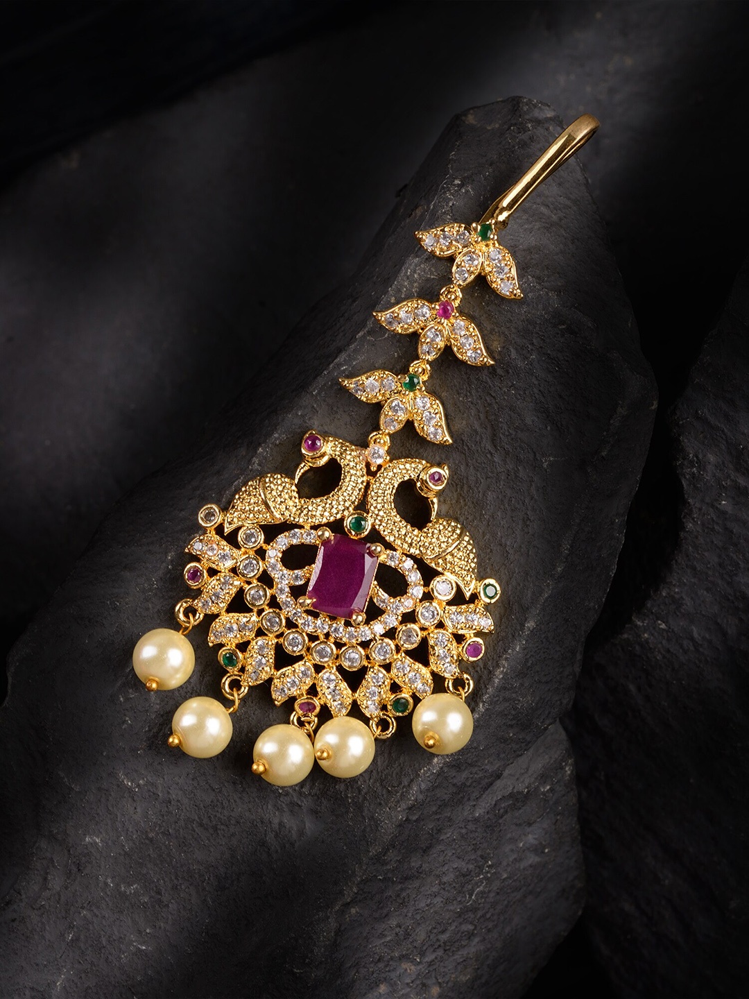 

Saraf RS Jewellery Gold-Plated Pink & Green AD-Studded & Beige Beaded Handcrafted Maang Tikka