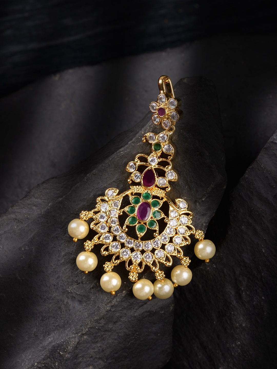 

Saraf RS Jewellery Gold-Plated White & Green AD Studded Maang Tikka