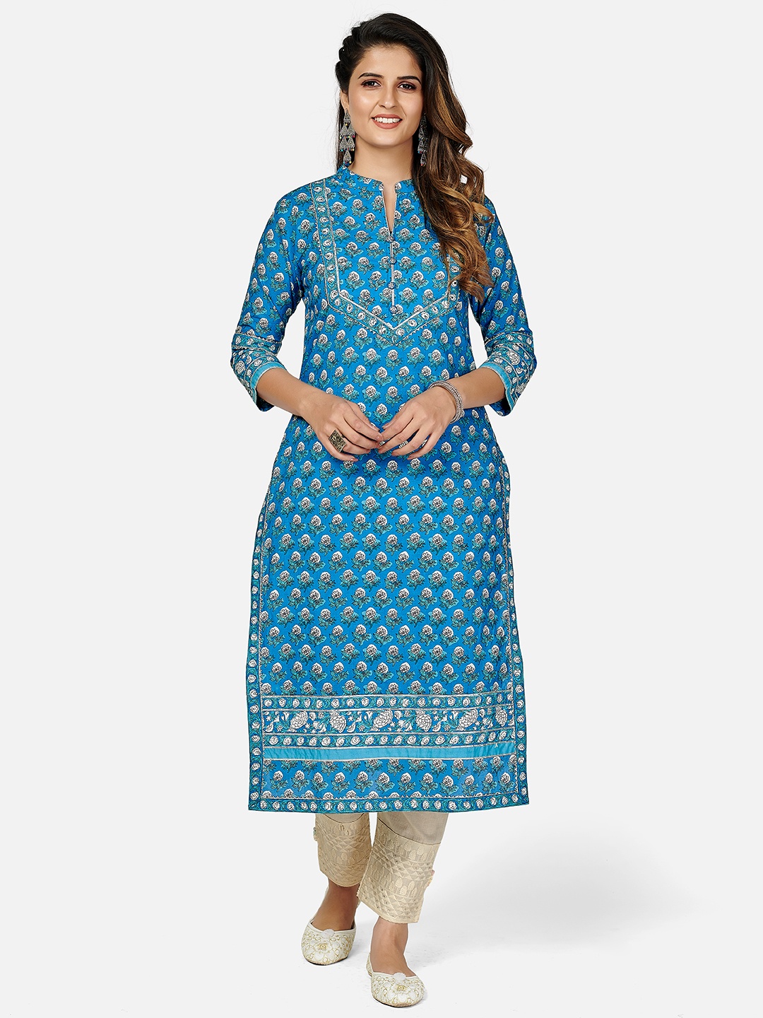 

Vbuyz Women Blue & White Floral Printed Kurta