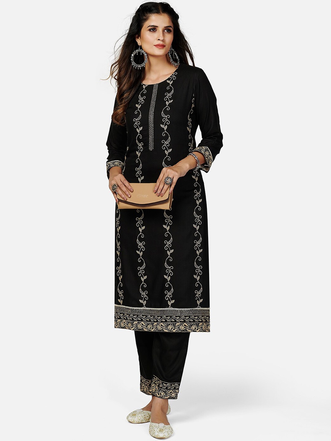 

Vbuyz Women Black Embroidered Panelled Thread Work Pure Cotton Kurta with Trousers