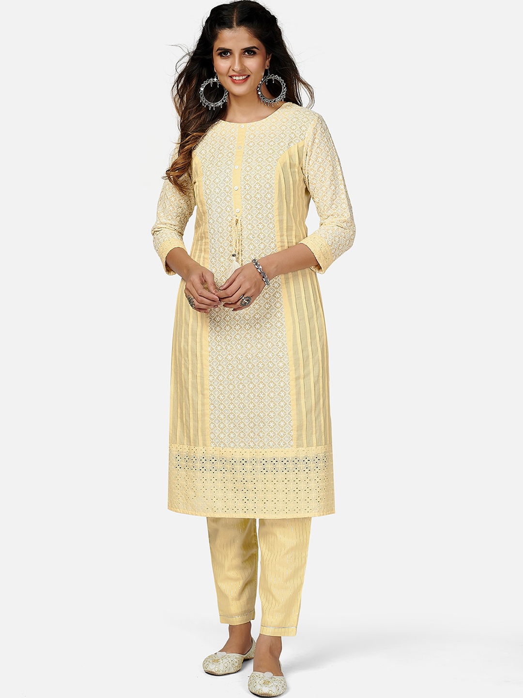 

Vbuyz Women Yellow Ethnic Motifs Printed Regular Chikankari Pure Cotton Kurta with Trousers