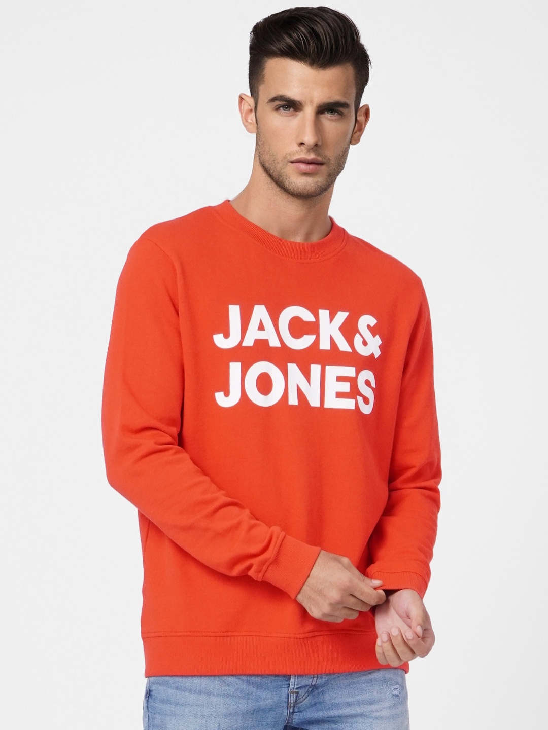 

Jack & Jones Men Orange Printed Full Sleeves Sweatshirt