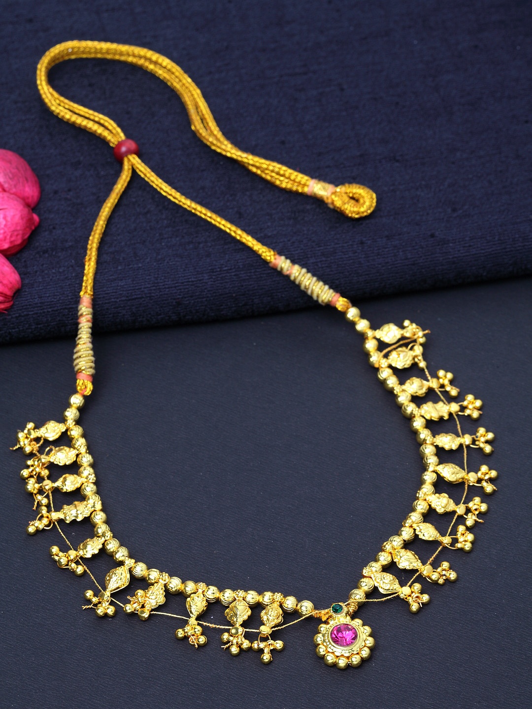 

PANASH Gold-Toned & Fuchsia Copper Gold-Plated Kolhapuri Saaj Necklace