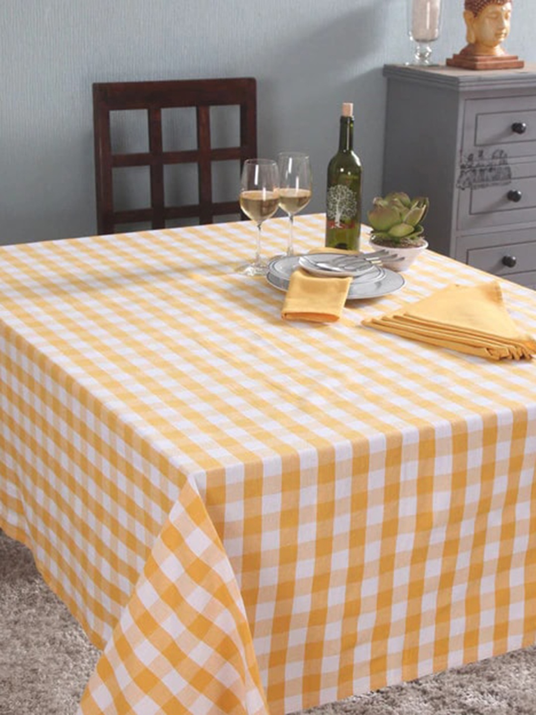 

Lushomes Yellow & White Checked Cotton 6-Seater Table Cover With 6 Napkins