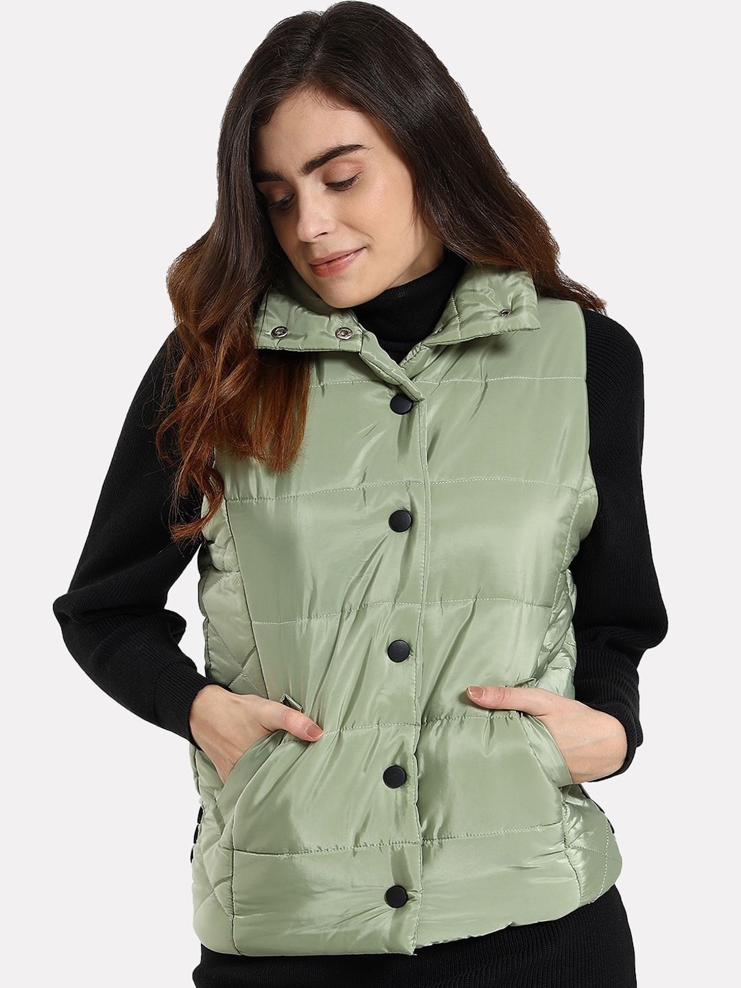 

iki chic Women Green Floral Colourblocked Outdoor Padded Jacket