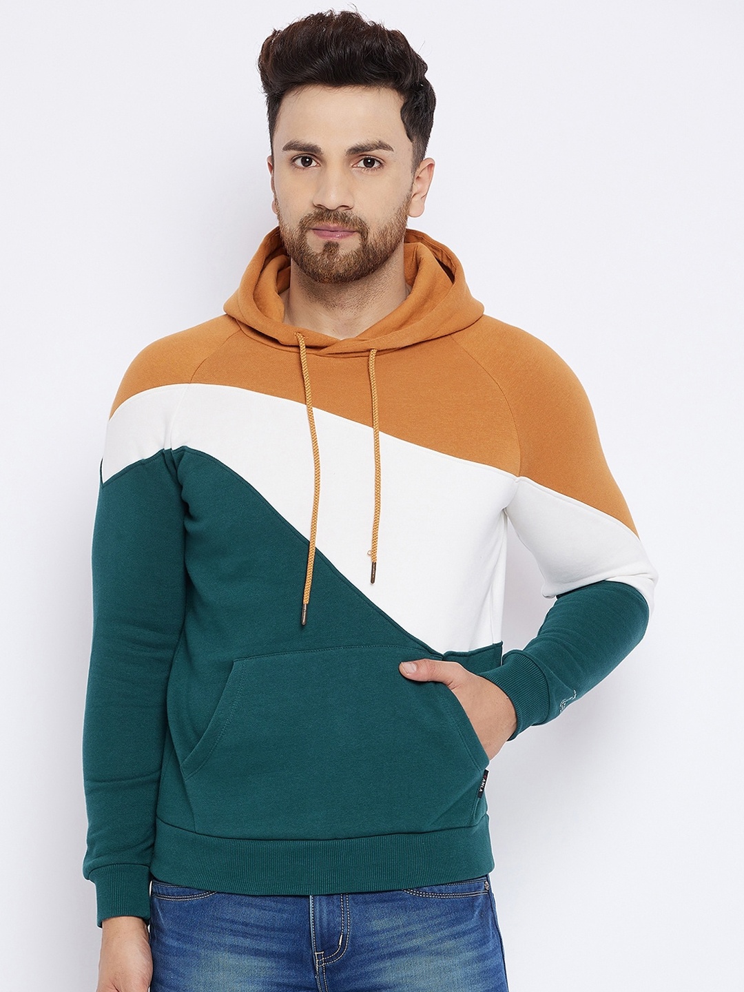 

CAMLA Women Tan Brown & Green Colourblocked Hooded Sweatshirt